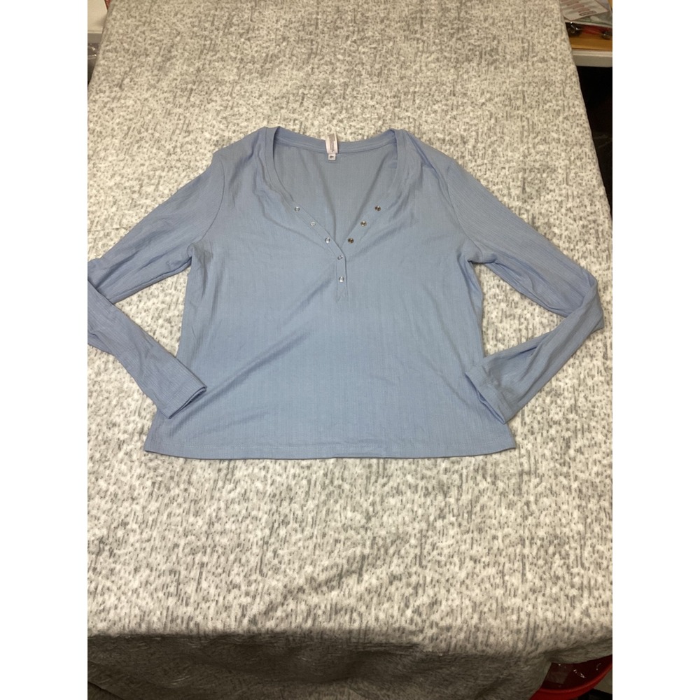 Auden Womens XL Light Blue Ribbed Henley Long Sleeve Sleep Shirt Pajama Top